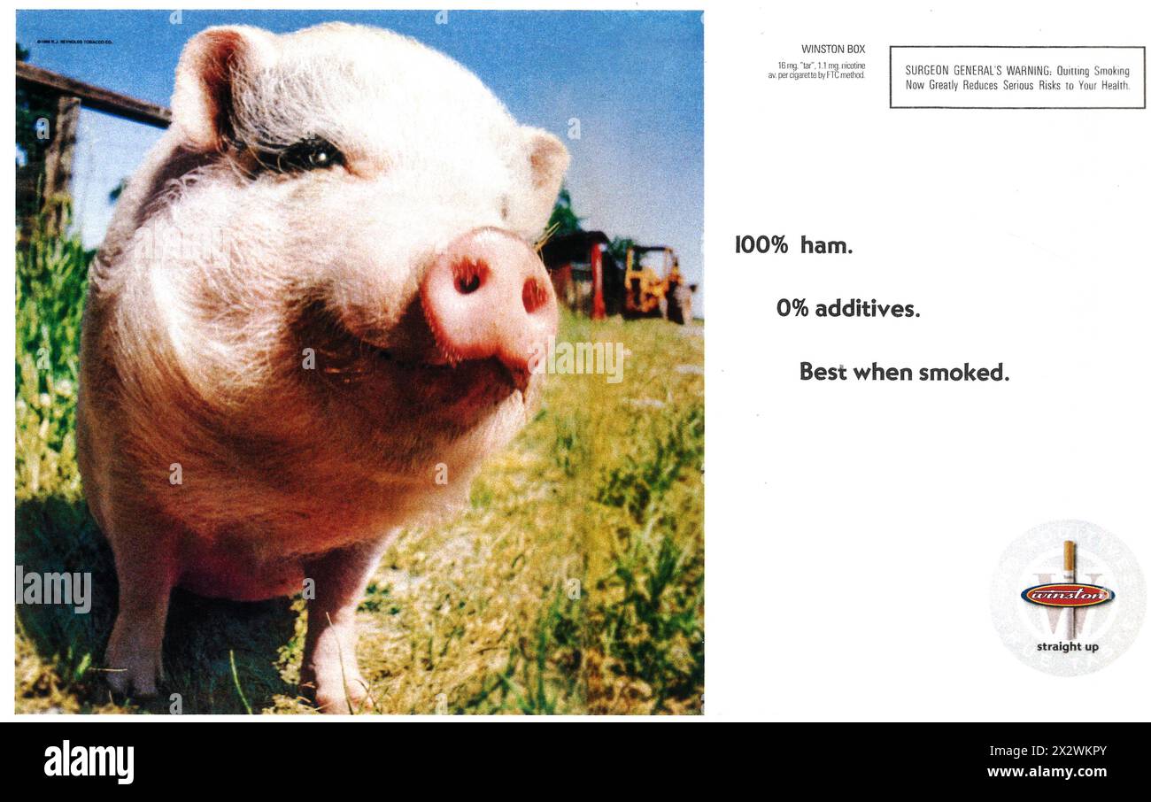 1998 Winston Zigaretten Werbung - '100% Schinken. 0 % Zusatzstoffe. Am besten beim Rauchen Stockfoto