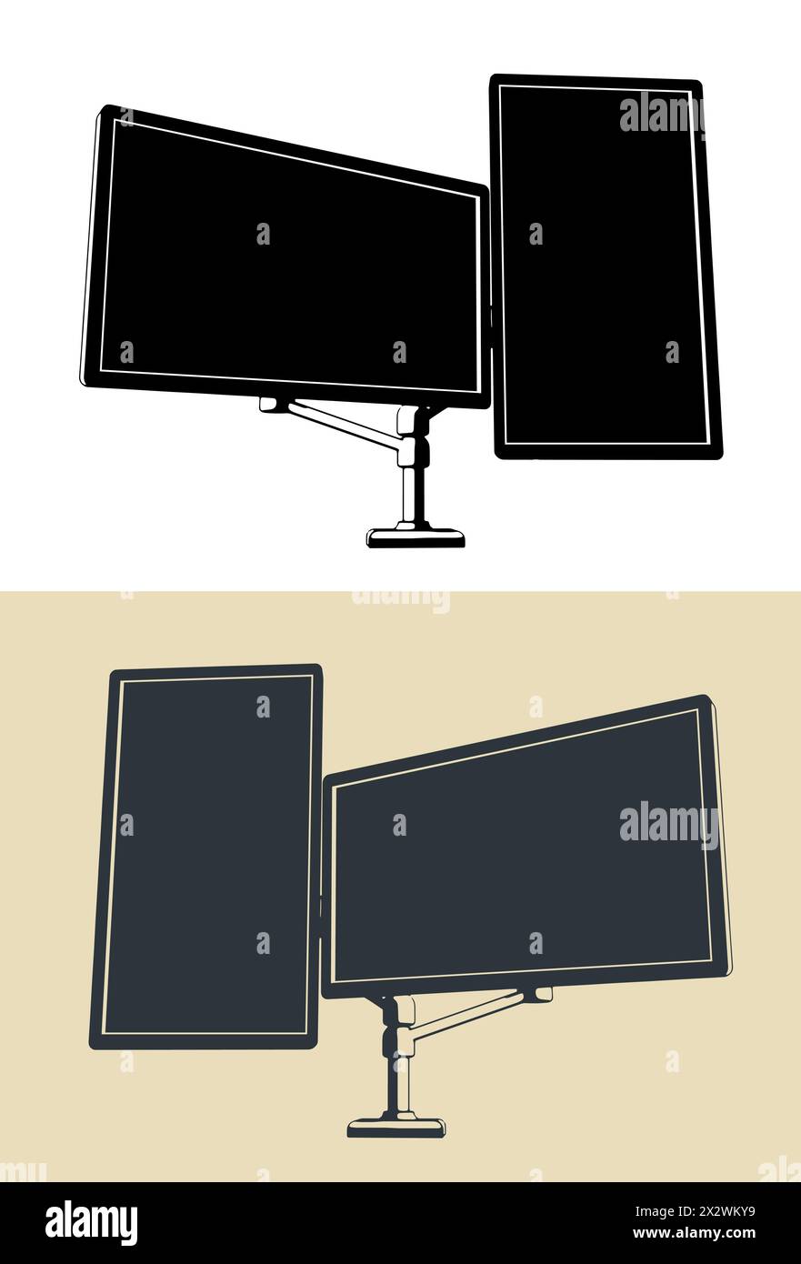 Stilisierte Vektorabbildungen der Halterung für zwei Monitore Stock Vektor