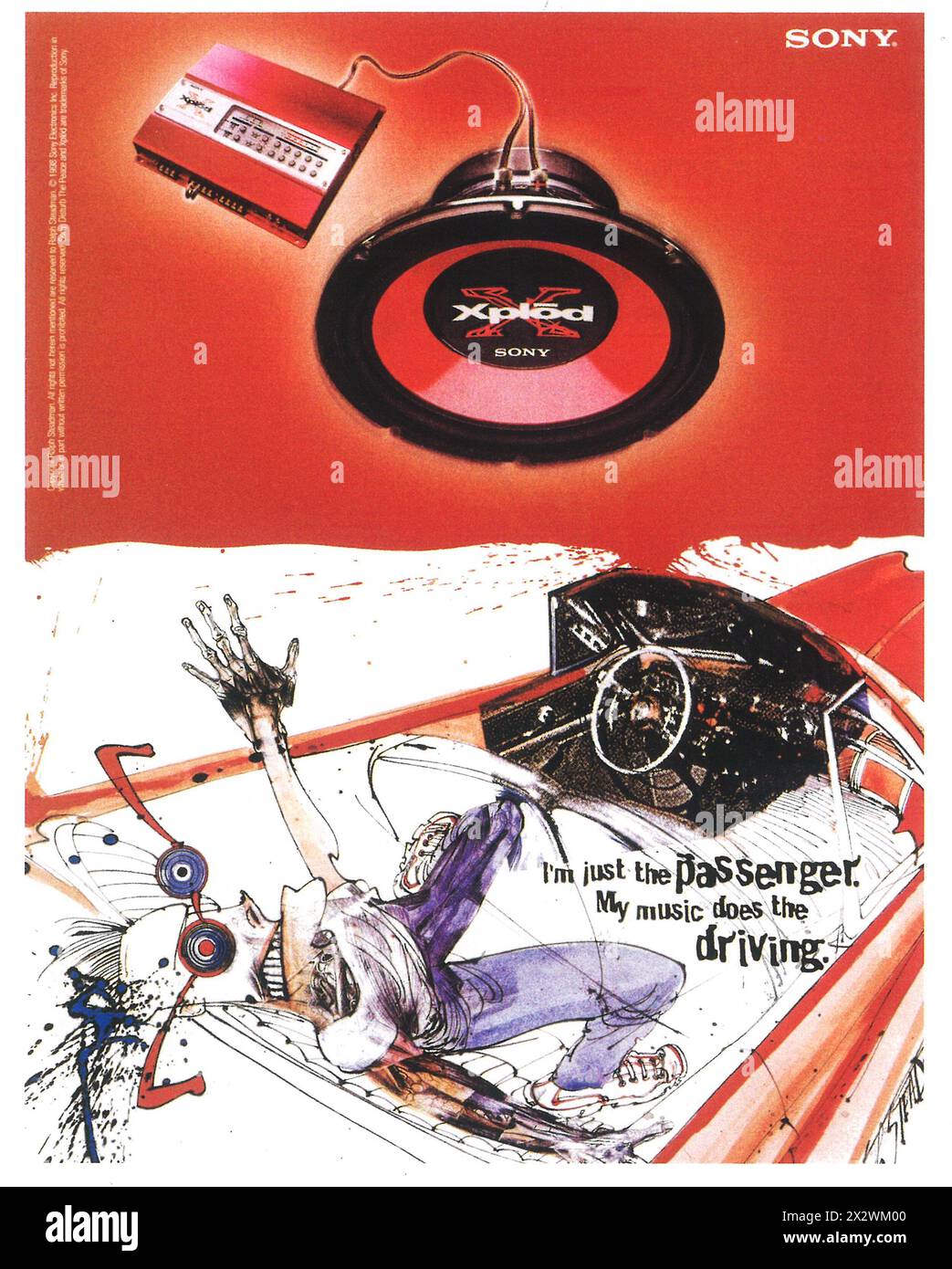 1999 Sony Xplod Ad: Ich kann Sie nicht hören. Illustriert von Ralph Steadman Stockfoto