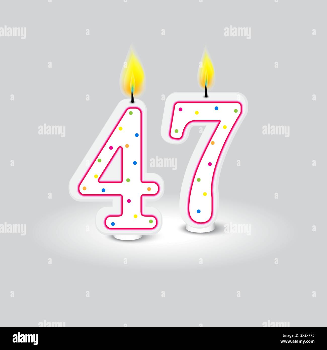 Geburtstagskerze Nummer vier und sieben. Festliches mehrfarbiges Punktdesign. Festtagsthema. Vektorabbildung. EPS 10. Stock Vektor