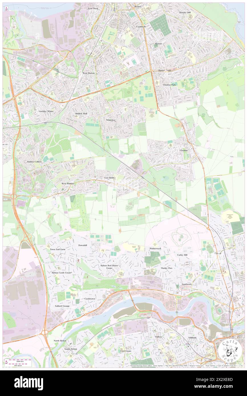 East Boldon, South Tyneside, GB, Vereinigtes Königreich, England, n 54 56' 40'', S 1 25' 41'', Karte, Cartascapes Map, veröffentlicht 2024. Erkunden Sie Cartascapes, eine Karte, die die vielfältigen Landschaften, Kulturen und Ökosysteme der Erde enthüllt. Reisen Sie durch Zeit und Raum und entdecken Sie die Verflechtungen der Vergangenheit, Gegenwart und Zukunft unseres Planeten. Stockfoto