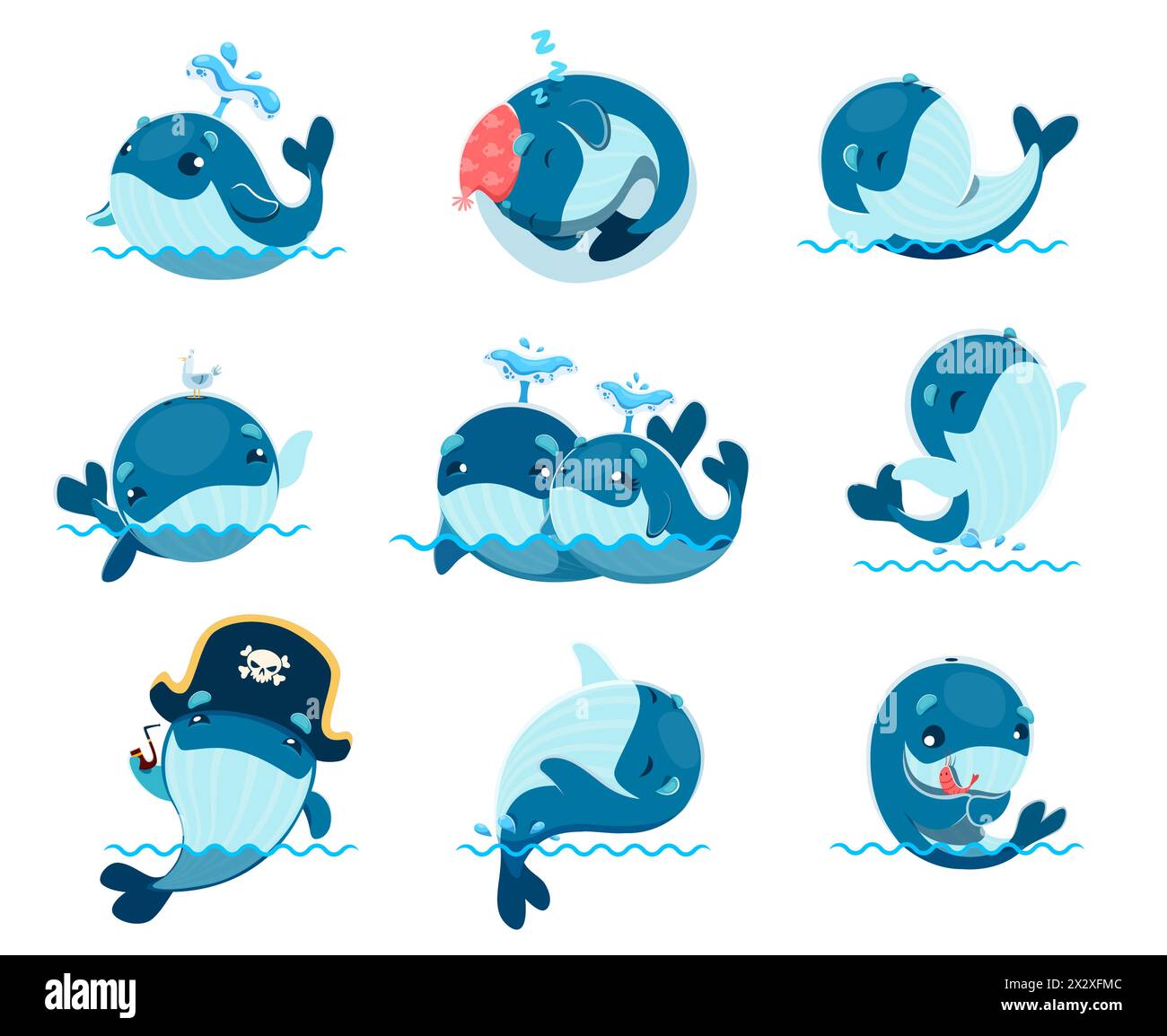 Niedliche Kawaii-Walfiguren. Lustige Meerwassertiere Vektorfiguren Set von Blau- und Buckelwalen mit fröhlichem Lächeln, Spritzen Wassertropfen durch Bloholes, Schwimmen und Springen Stock Vektor