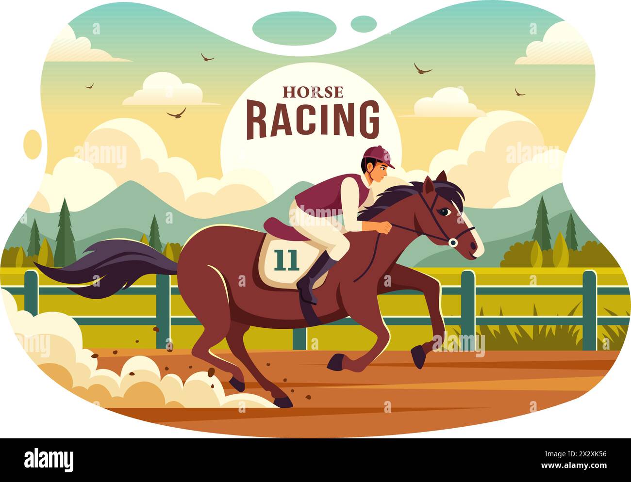 Pferd Racing Wettbewerb Vektor Illustration mit Reitsport Leistung Sport und Reiter oder Jockeys in einer Rennbahn auf flachem Zeichentrickhintergrund Stock Vektor