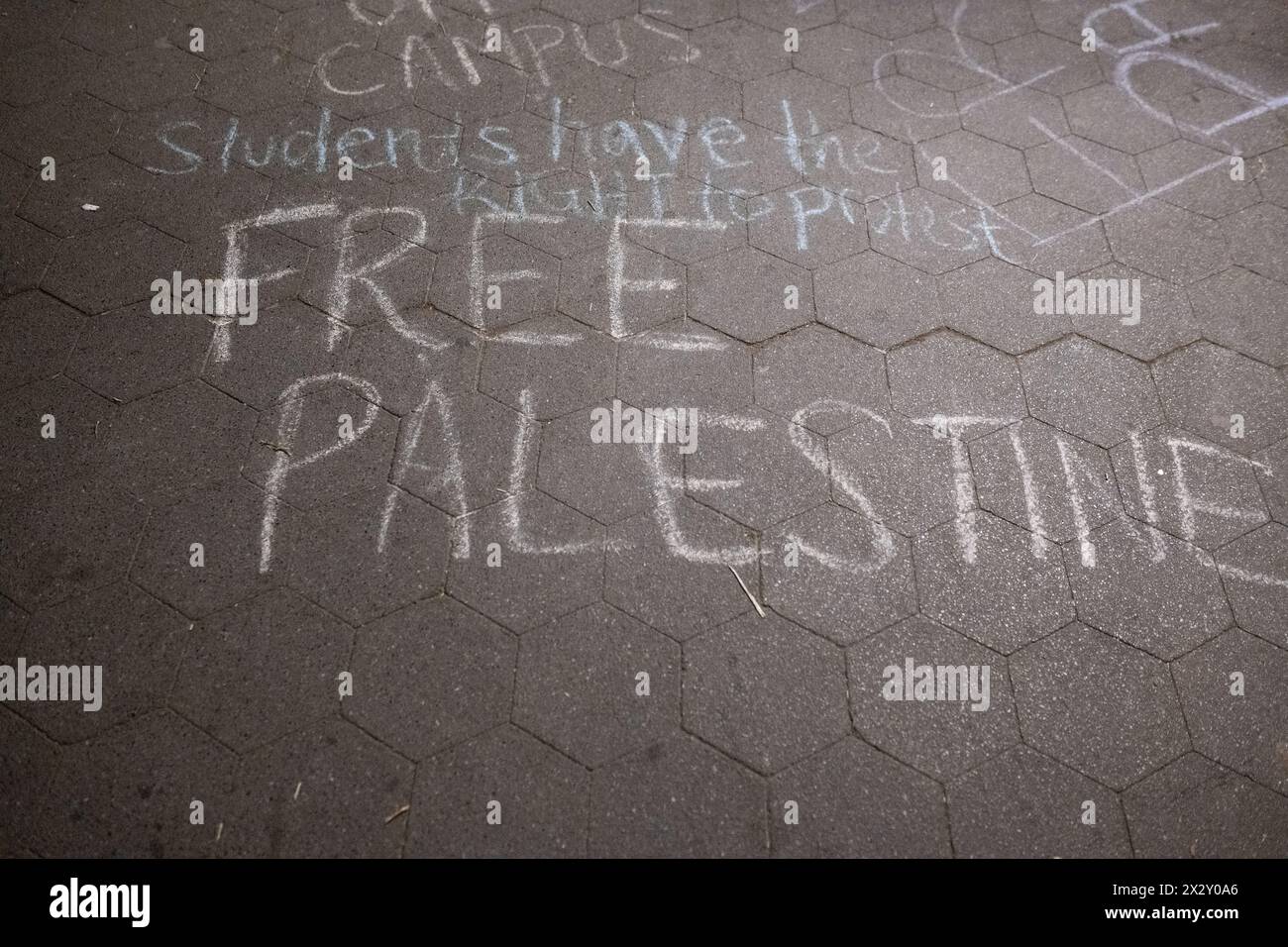 Kreide auf dem Fußweg im Washington Square Park, in dem erklärt wird, dass die Studenten das Recht haben zu protestieren und „PALÄSTINA ZU BEFREIEN“, einen Tag nachdem das NYU-Protestlager vom NYPD in der Nähe geräumt wurde. Stockfoto
