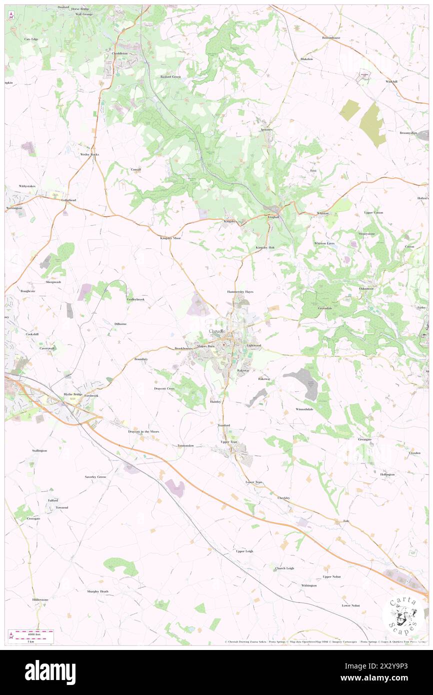 Cheadle, Staffordshire, GB, Vereinigtes Königreich, England, n 52 58' 8'', S 1 59' 30'', Karte, Cartascapes Map, veröffentlicht 2024. Erkunden Sie Cartascapes, eine Karte, die die vielfältigen Landschaften, Kulturen und Ökosysteme der Erde enthüllt. Reisen Sie durch Zeit und Raum und entdecken Sie die Verflechtungen der Vergangenheit, Gegenwart und Zukunft unseres Planeten. Stockfoto