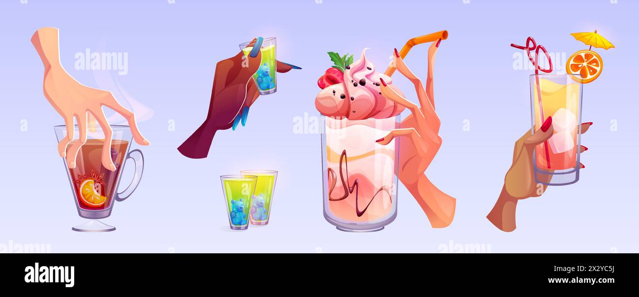 Weibliche Hände halten Gläser mit Alkohol Cocktails - Shot und Longdrinks für Party und Feier Konzept. Zeichentrickvektor-Illustration Satz der menschlichen Arme mit festlichem Bargetränk in Glaswaren. Stock Vektor