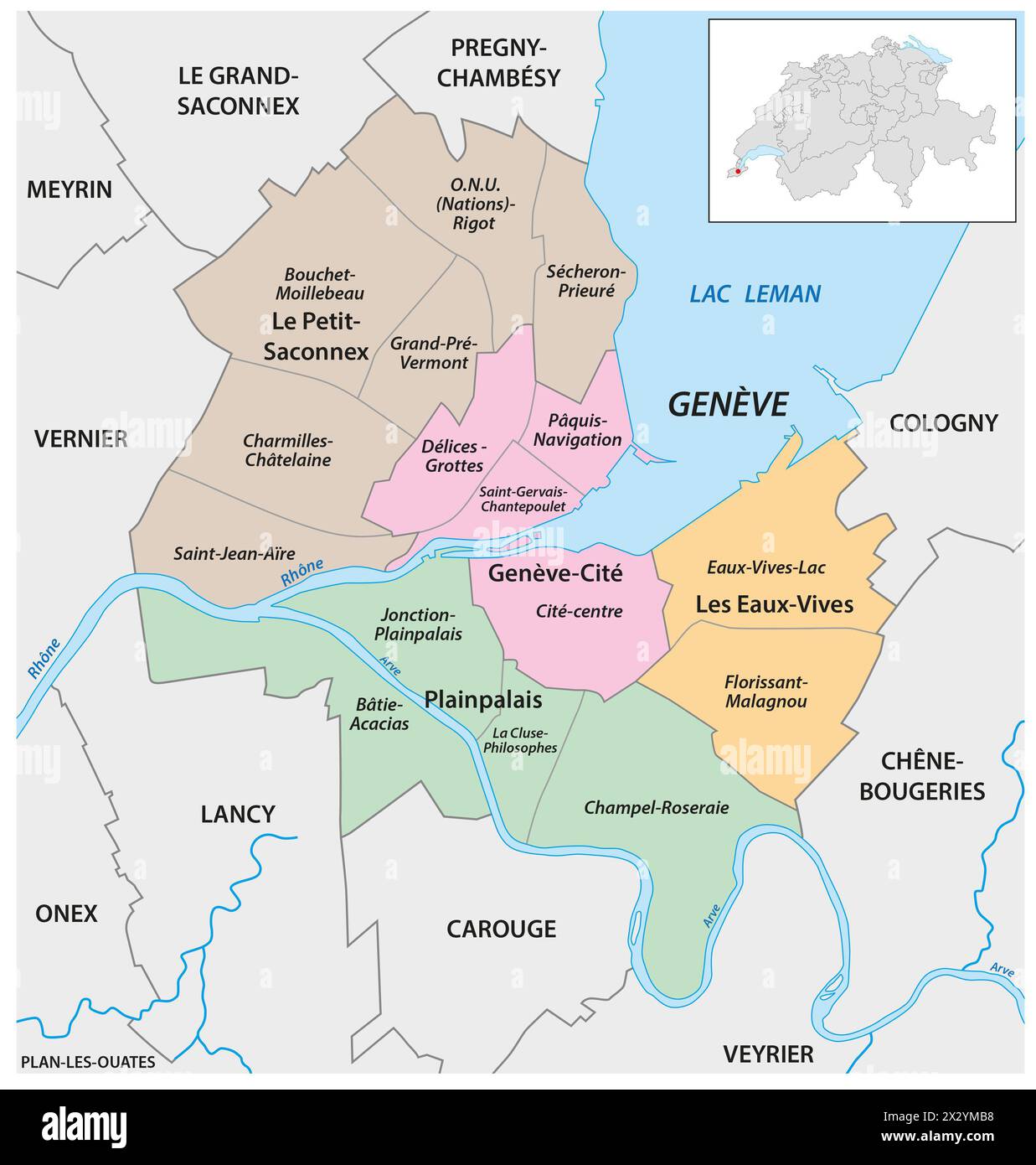 Administrative Vektorkarte der Schweizer Stadt Genf Stockfoto