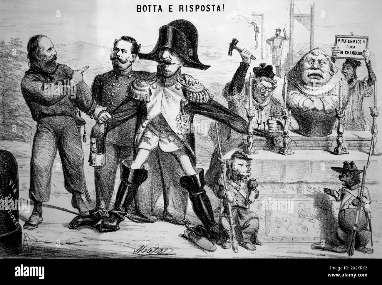 Risorgimento. Roma-Frage. Politische Satire. Garibaldi warnt Vittorio Emanuele II. Vor Napoleon III. Lithographie, 1862. Stockfoto
