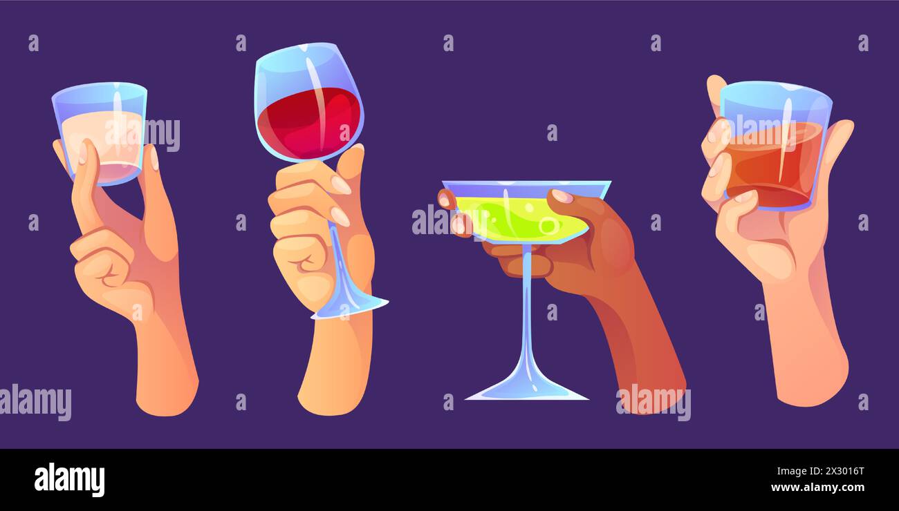 Gläser mit Alkohol-Cocktails in menschlichen Händen. Männliche und weibliche Arme halten Glaswaren mit Schuss und Longdrinks für Party- und Feiertagskonzept. Zeichentrickvektor-Illustration Satz festliches Getränk. Stock Vektor
