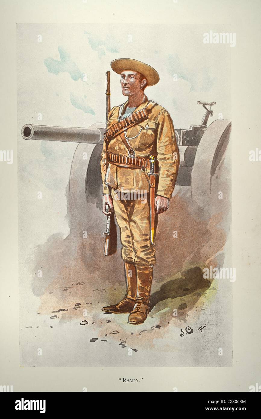 Geschichte zweiter Burenkrieg, britische Militäruniformen, Soldat steht bereit vor dem Kanon, 1900, SOUVENIR-BUCH - ROYAL MARINE & MILITARY BAZA Stockfoto