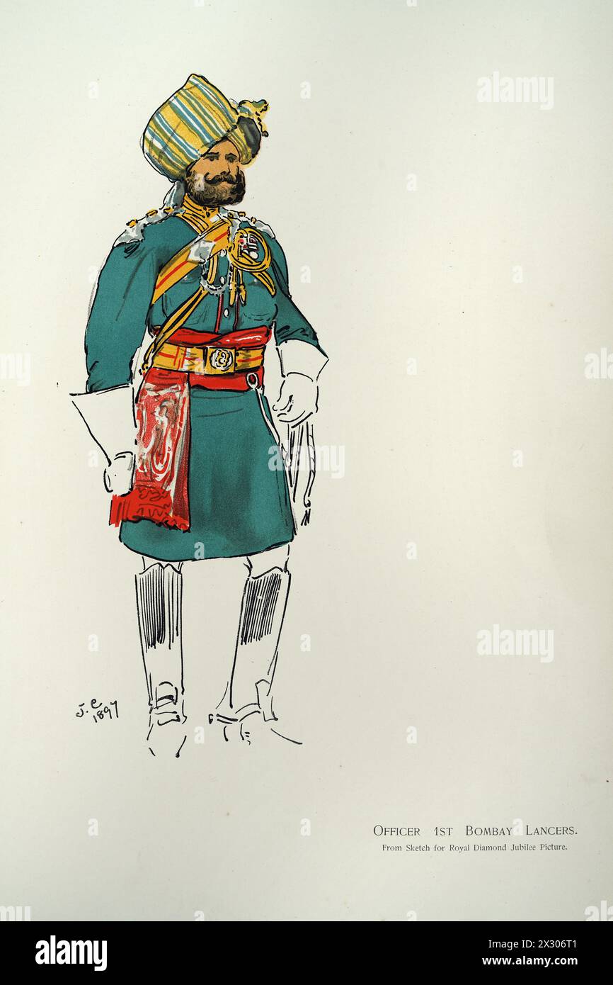 British Empire Military Uniforms, Soldat British Indian Army, Offizier 1st Bombay Lancers, 1900, SOUVENIRBUCH - ROYAL MARINE & MILITARY BAZAAR 19. JUNI Stockfoto