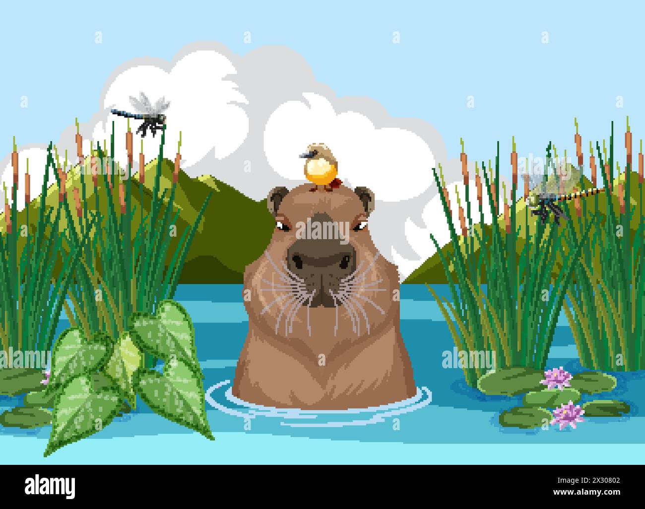 Vektor-Illustration der Tierwelt an einem ruhigen Teich. Stock Vektor