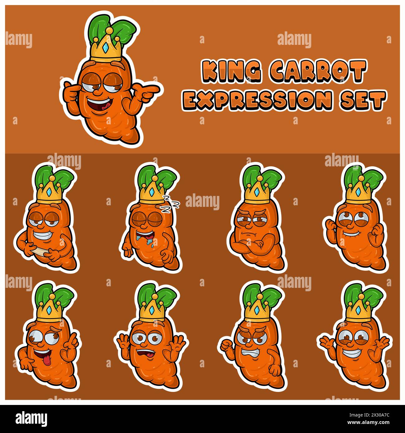 Cartoon Maskottchen der Karottenfigur mit König und Ausdruck Set. Vektor Und Illustration Stock Vektor