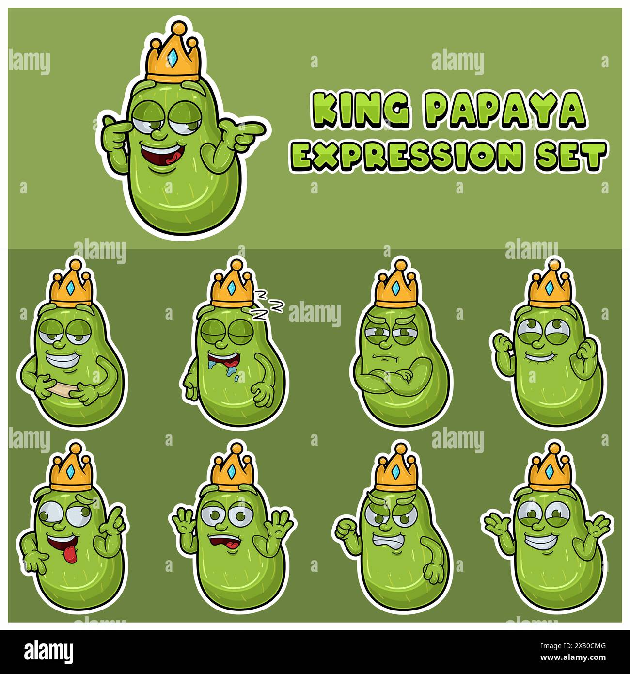 Cartoon Maskottchen von Papaya Fuit Charakter mit König und Ausdruck Set. Vektor Und Illustration Stock Vektor