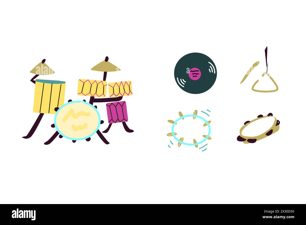 Vektorsatz von Musikinstrumenten. Klassische und ethnische Instrumente des Orchesters. Vektor-Illustration von Trommel, Gitarre, Saxophon, Trompete, Violine, Banjo Stock Vektor