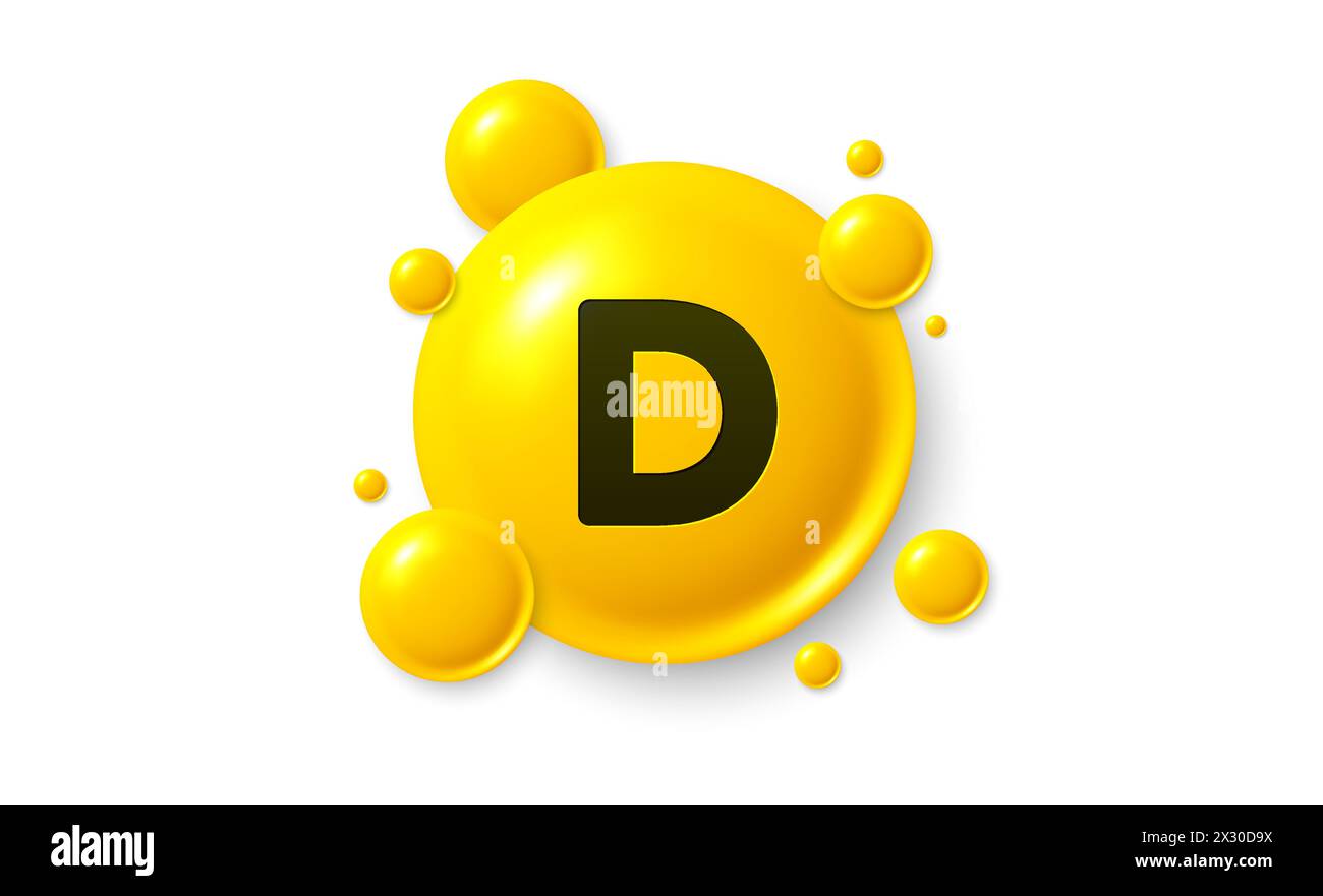 Vitamin D glänzende Pille Kapselsymbol. Glänzender goldener Substanztropfen. Medizinische Ernährung für die Gesundheit. Vektor Stock Vektor