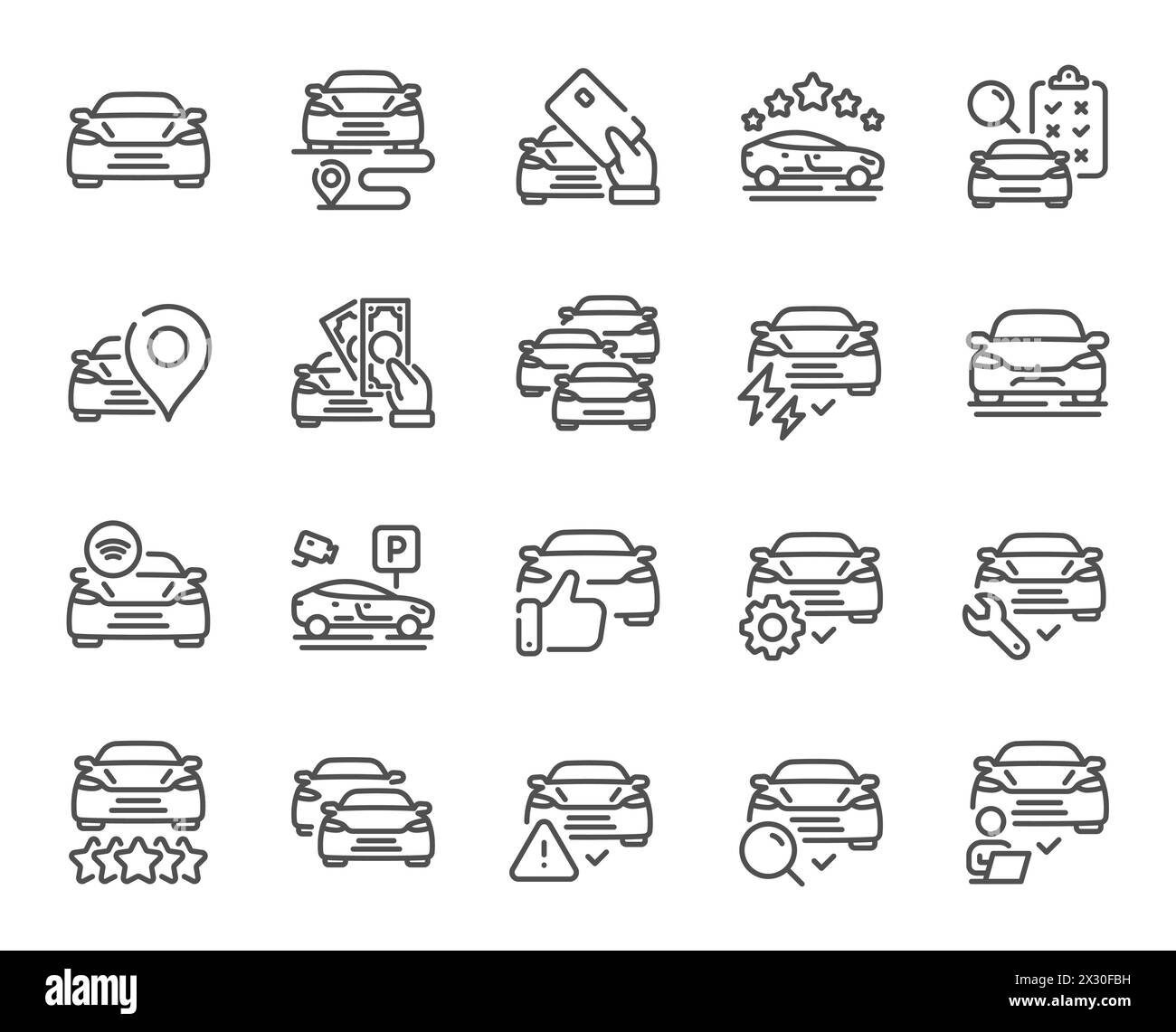 Symbole für die Fahrzeuglinie. Auto Transport Review, Fahrzeug Parken und Auto Diagnoseset. Vektor Stock Vektor