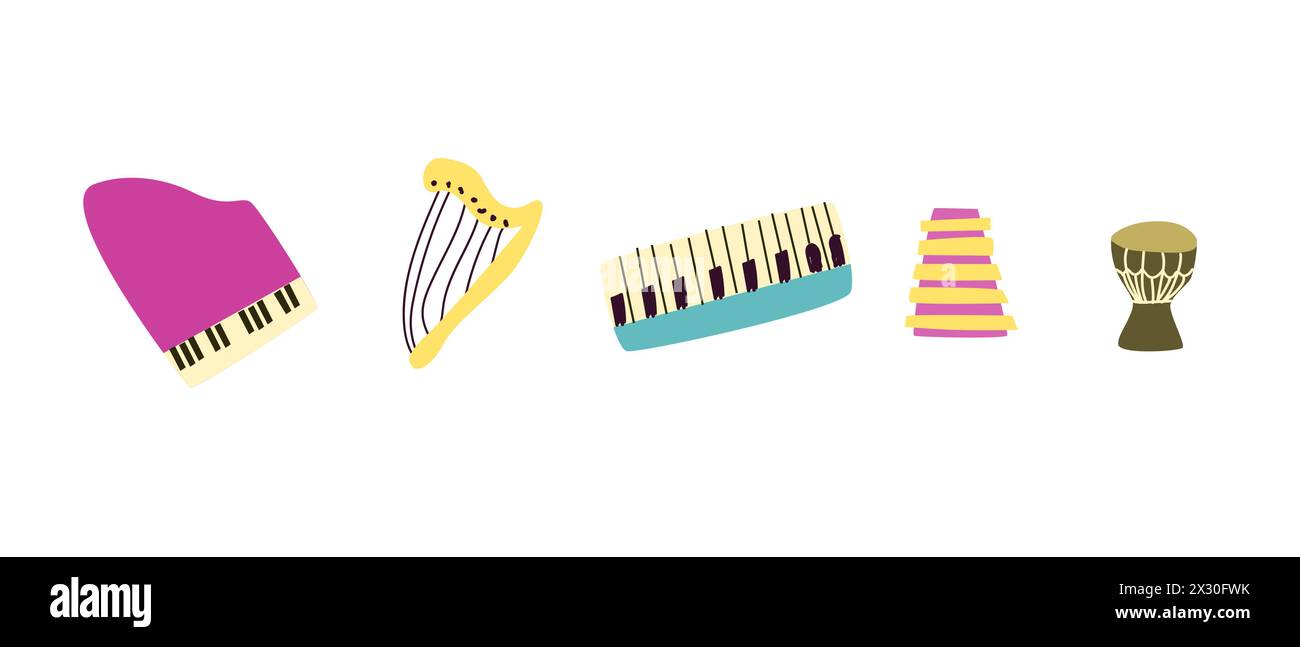 Vektorsatz von Musikinstrumenten. Klassische und ethnische Instrumente des Orchesters. Vektor-Illustration von Trommel, Gitarre, Saxophon, Trompete, Violine, Banjo Stock Vektor