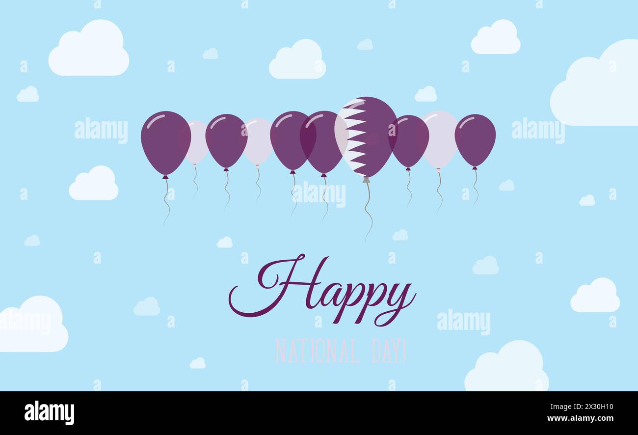 Katar Unabhängigkeitstag Funkelndes Patriotisches Poster. Reihe von Ballons in Farben der Flagge Katar. Grußkarte mit Nationalflaggen, Blue Skyes und Clo Stock Vektor