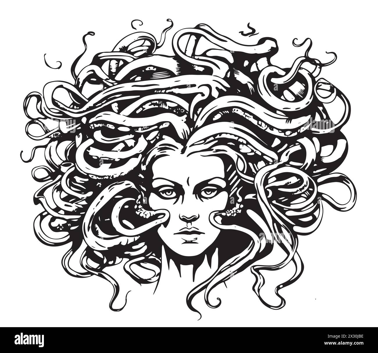 Medusa, Vintage-Illustration im Gravurstil. Gorgo, griechischer Skulpturenkopf, Handzeichnung im Vektor. Stock Vektor