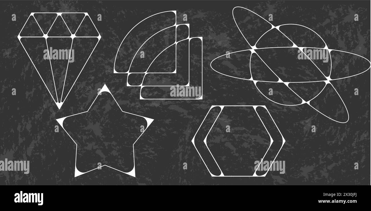 Y2K-Frames Sammlung. Minimalistische lineare Rahmen, Bögen, Elemente, geometrische Formen und Linien. Ästhetische Rahmen für Posterdesign, Vektor eingelegt Stock Vektor