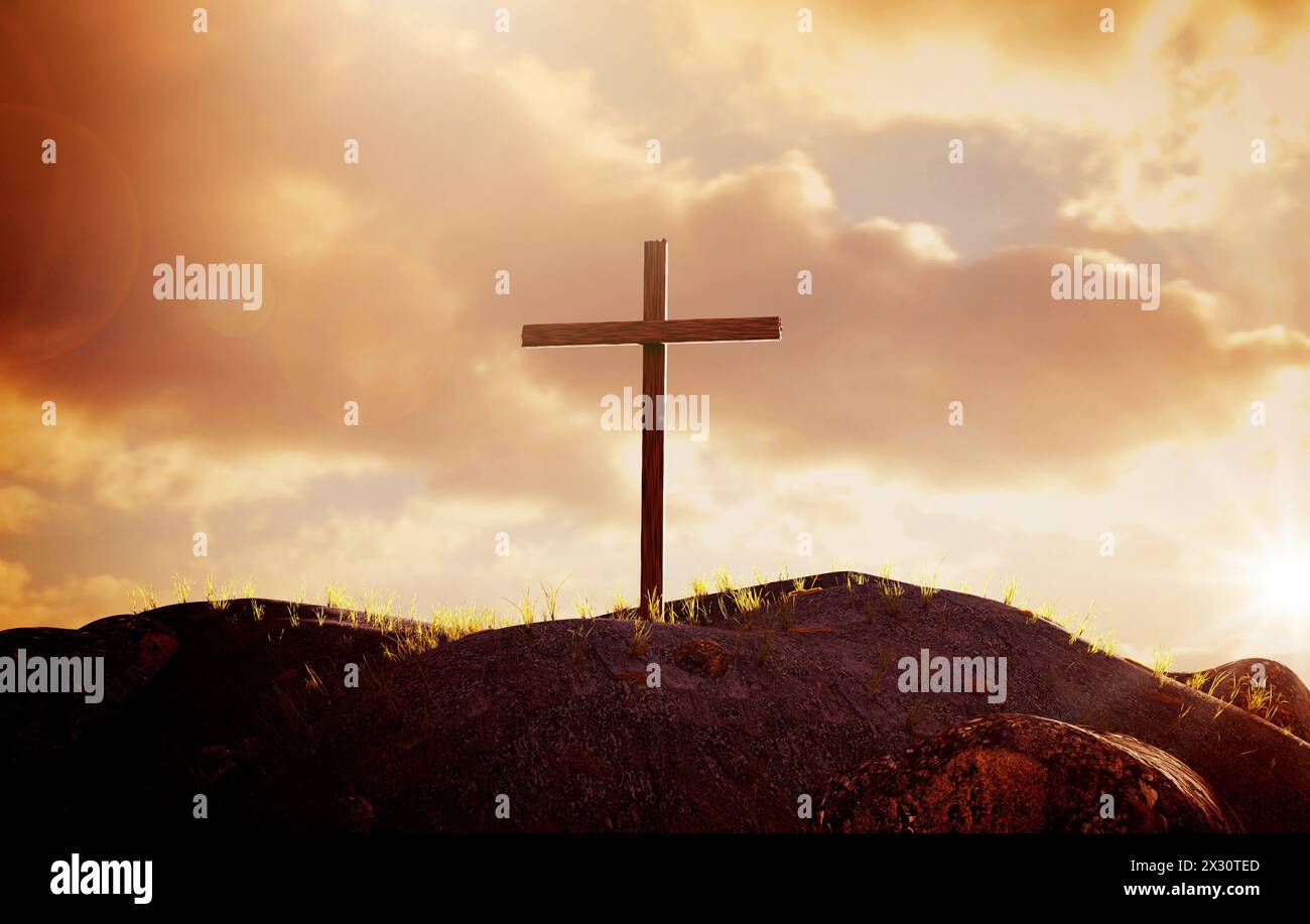 Ein großes Kreuz auf einem Hügel, Auferstehung Jesu Christi, Kreuzigung, Sonnenaufgang, gemischte Medien REKORDDATUM NICHT ANGEGEBEN Stockfoto