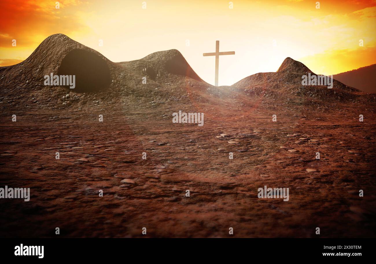 Ein großes Kreuz auf einem Hügel, Auferstehung Jesu Christi, Kreuzigung, Sonnenaufgang, gemischte Medien REKORDDATUM NICHT ANGEGEBEN Stockfoto