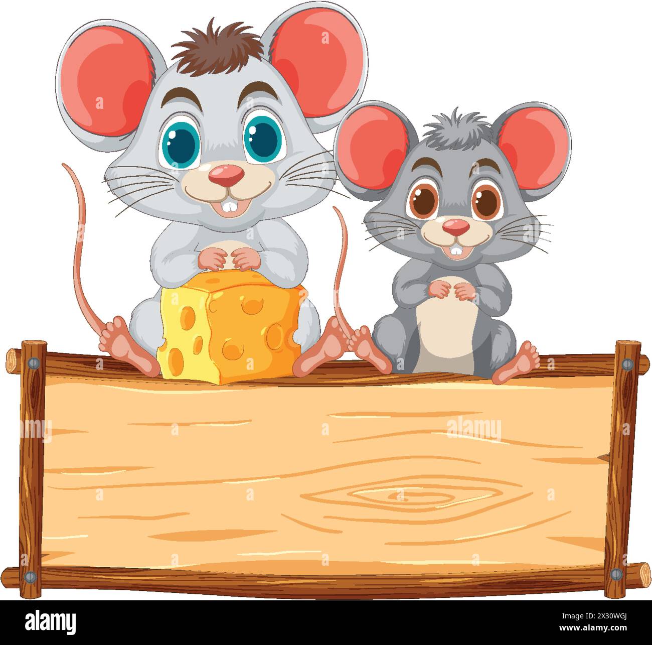 Zwei süße Mäuse teilen sich Käse auf einem Holzschild. Stock Vektor