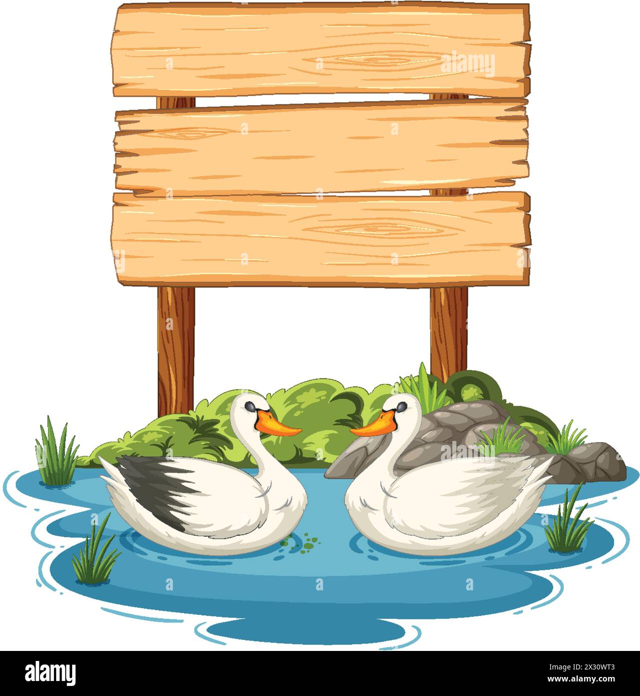 Zwei Enten schwimmen in der Nähe eines leeren Holzschildes. Stock Vektor