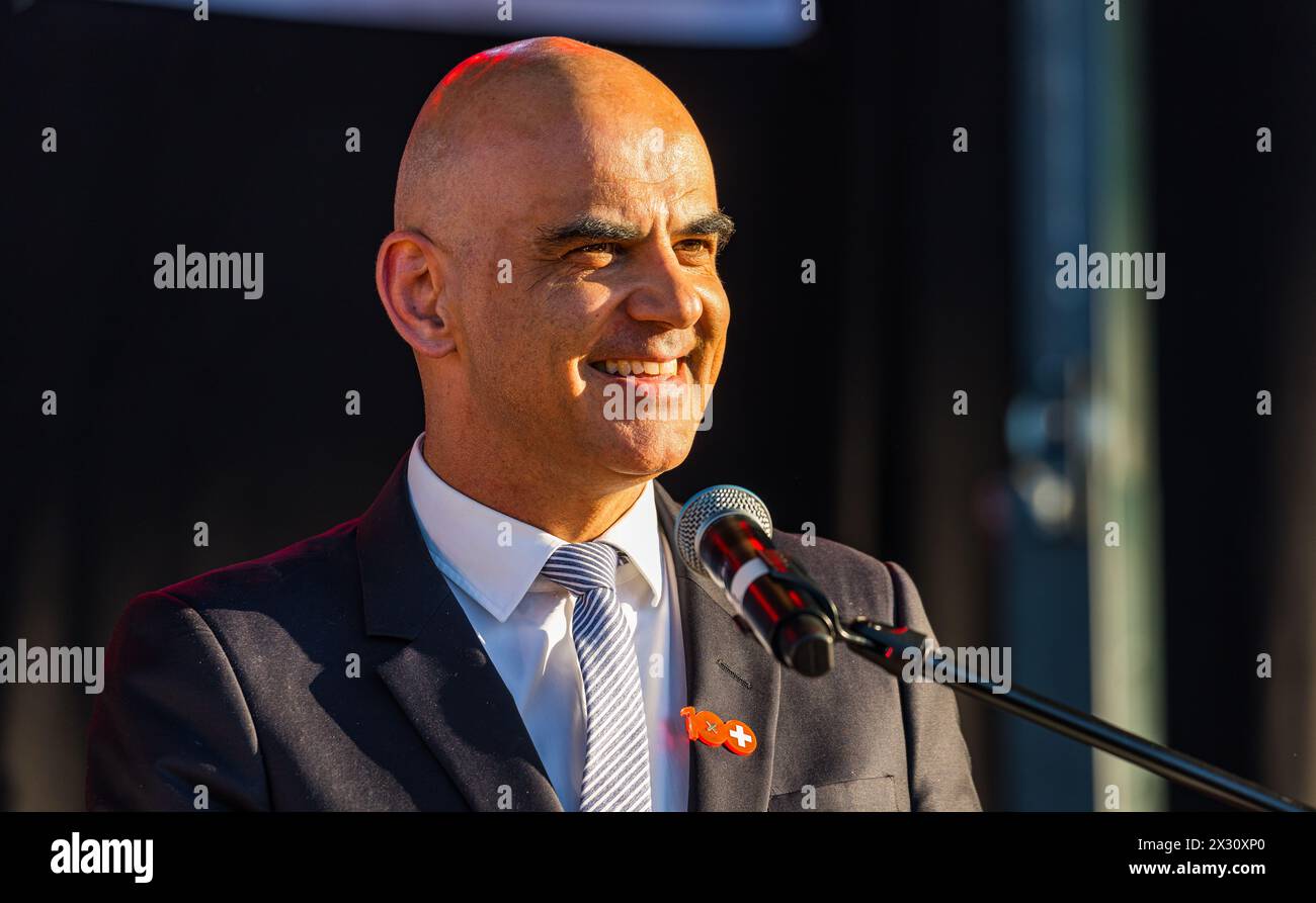 Bundesrat Alain Berset bei seiner Festansprache zur Bundesfeier auf dem Luzerner Europaplatz. Ob seine Ansprache tatsächlich das gespaltene Volk verbi Stockfoto