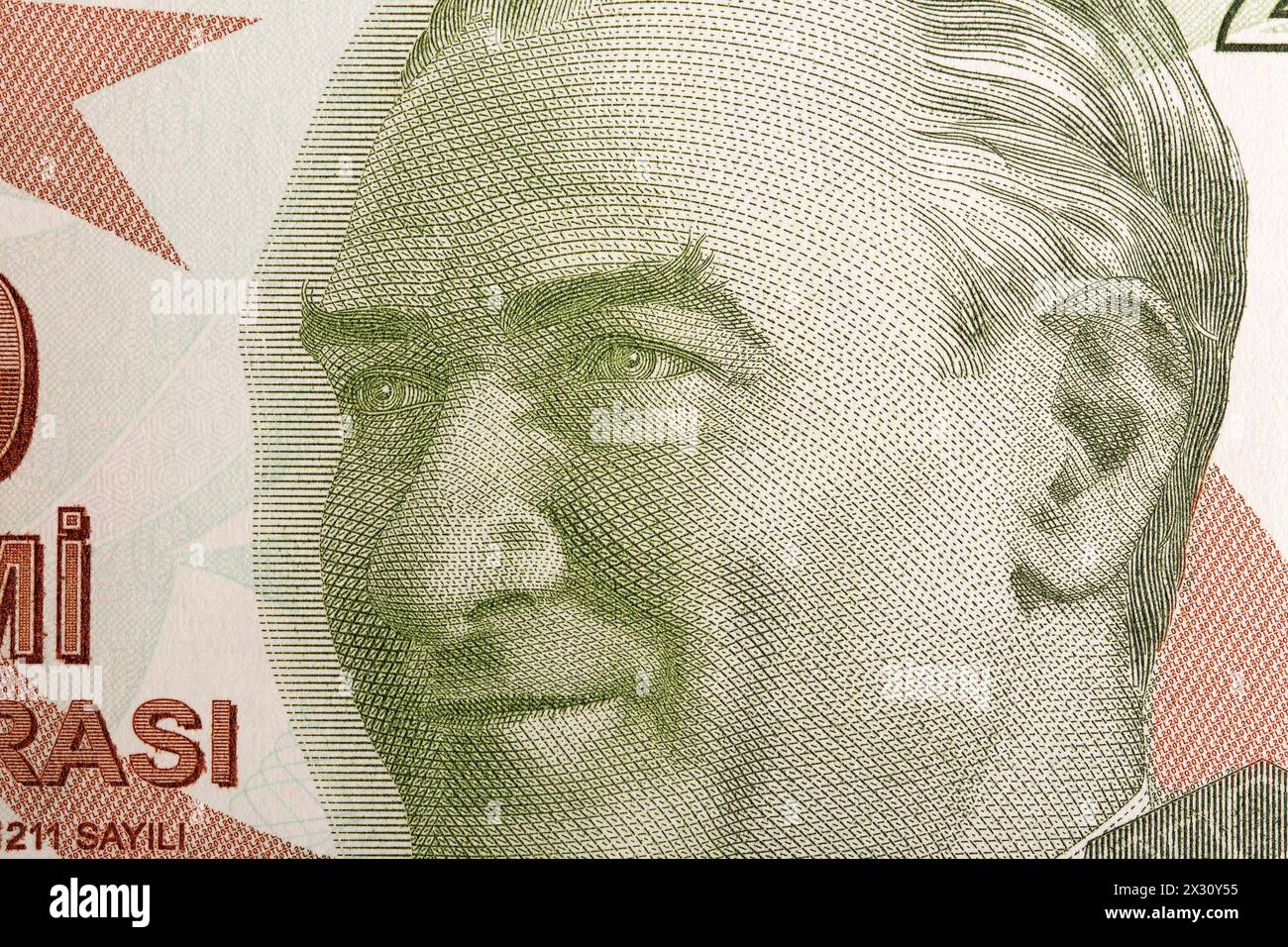 Mustafa Kemal Pascha ein Nahaufnahme-Porträt aus türkischem Geld - Lira Stockfoto