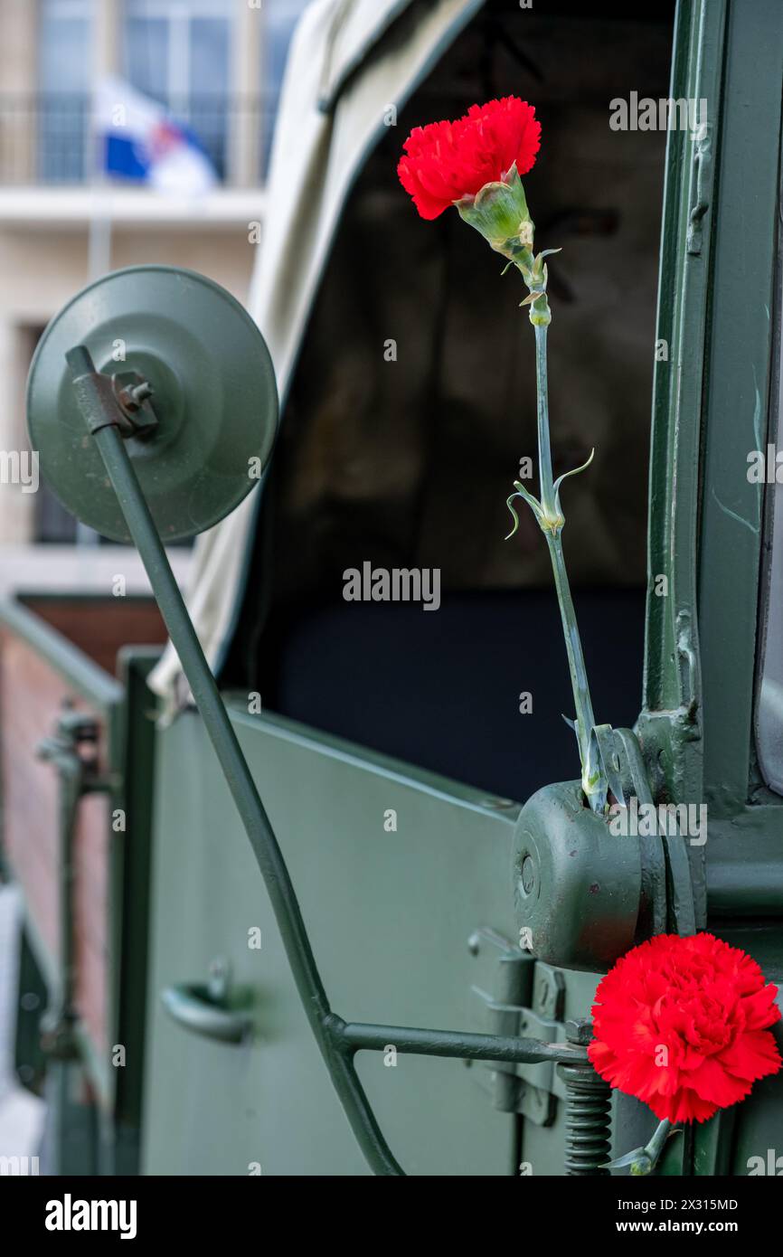 Zwei rote Nelken schmücken ein Militärfahrzeug während der Gedenkfeier am 25. April in Portugal. Nelkenrevolution Stockfoto