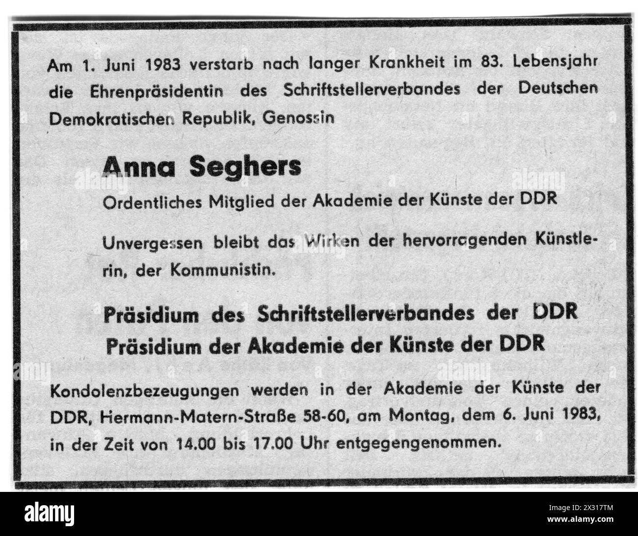 Seghers, Anna, 19.11.1900 - 1,6.1983, deutsche Autorin, Tod, ADDITIONAL-RIGHTS-CLEARANCE-INFO-NOT-AVAILABLE Stockfoto