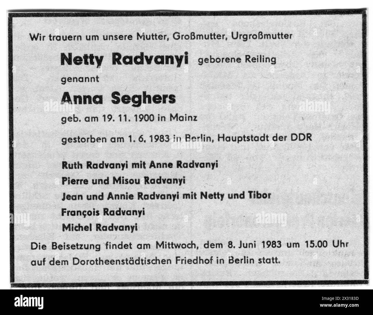 Seghers, Anna, 19.11.1900 - 1,6.1983, deutsche Autorin, Tod, ADDITIONAL-RIGHTS-CLEARANCE-INFO-NOT-AVAILABLE Stockfoto