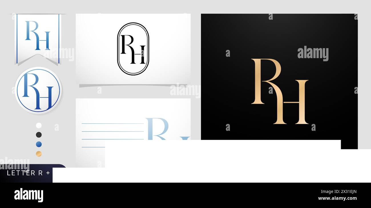 Ein Satz Visitenkarten mit den Logos „RH“, „Luxury Initial Letters R“ und „H“ in Blau für Branding-Werbekampagnen, Letterpress Stock Vektor