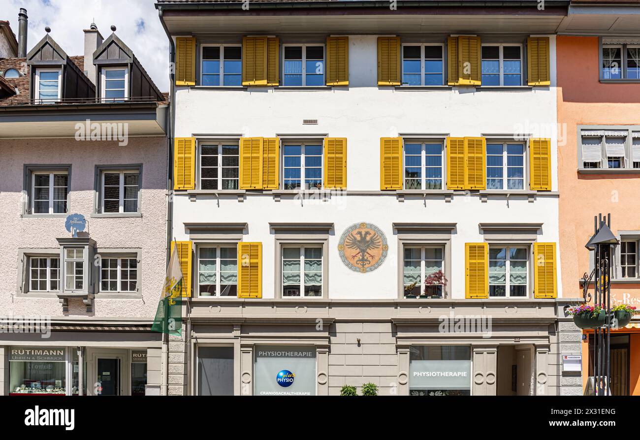 Typische Altstadt bauweise in der Thurgauer Gemeinde Diessenhofen. (Diessenhofen, Schweiz, 25.05.2022) Stockfoto