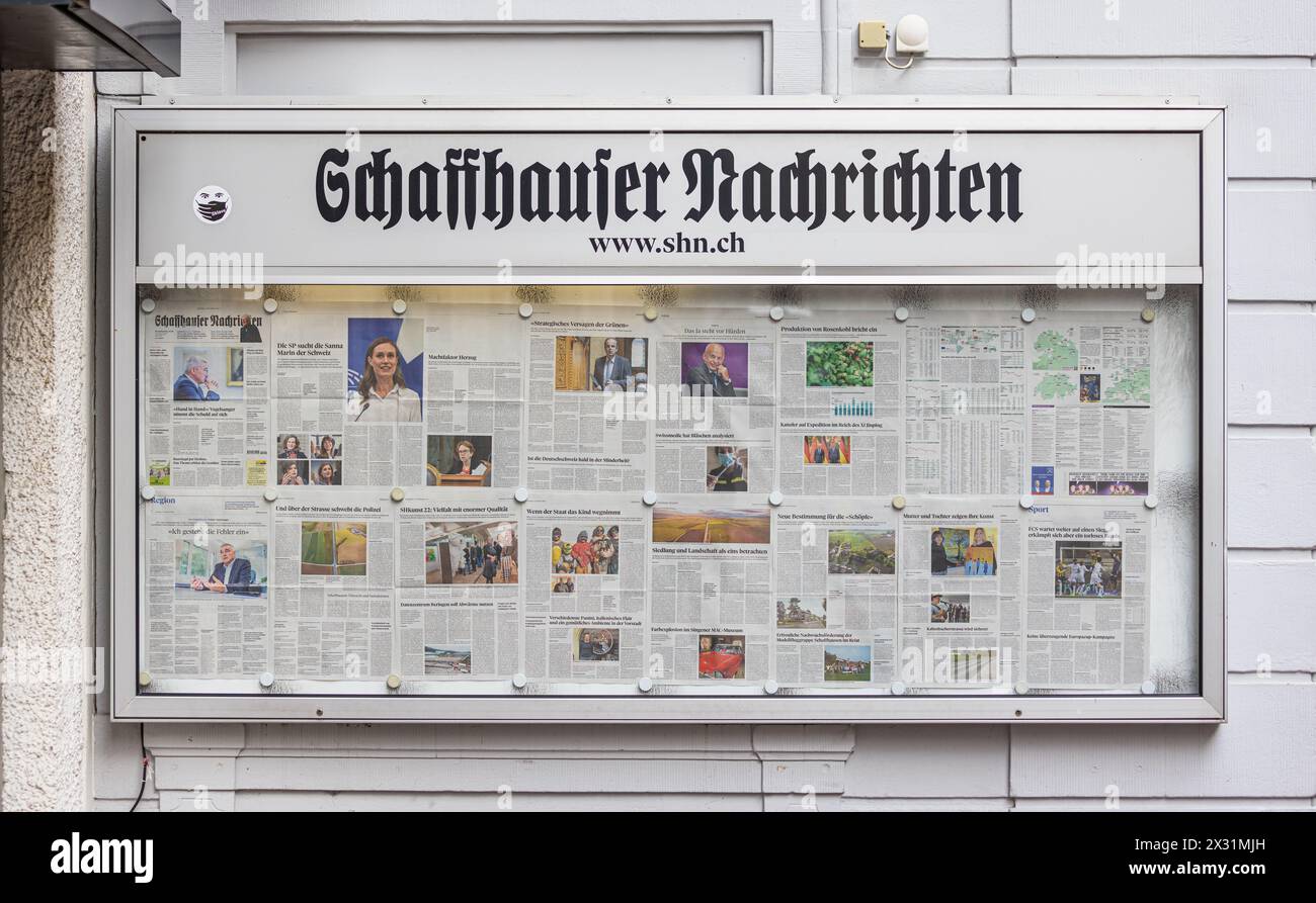 Die Schaffhauser Nachrichten ist eine Regionalzeitung. Ihren Sitz hat sie in der Vordergasse in der Schaffhauser Altstadt. (Schaffhausen, Schweiz, 06. Stockfoto