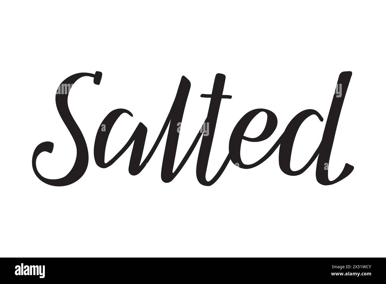 Gesalzen. Handgeschriebene Schrift. Inschrift in englischer Sprache. Moderne Pinseltinte-Kalligraphie. Schwarzes isoliertes Wort auf weißem Hintergrund. Vektortext. Stock Vektor