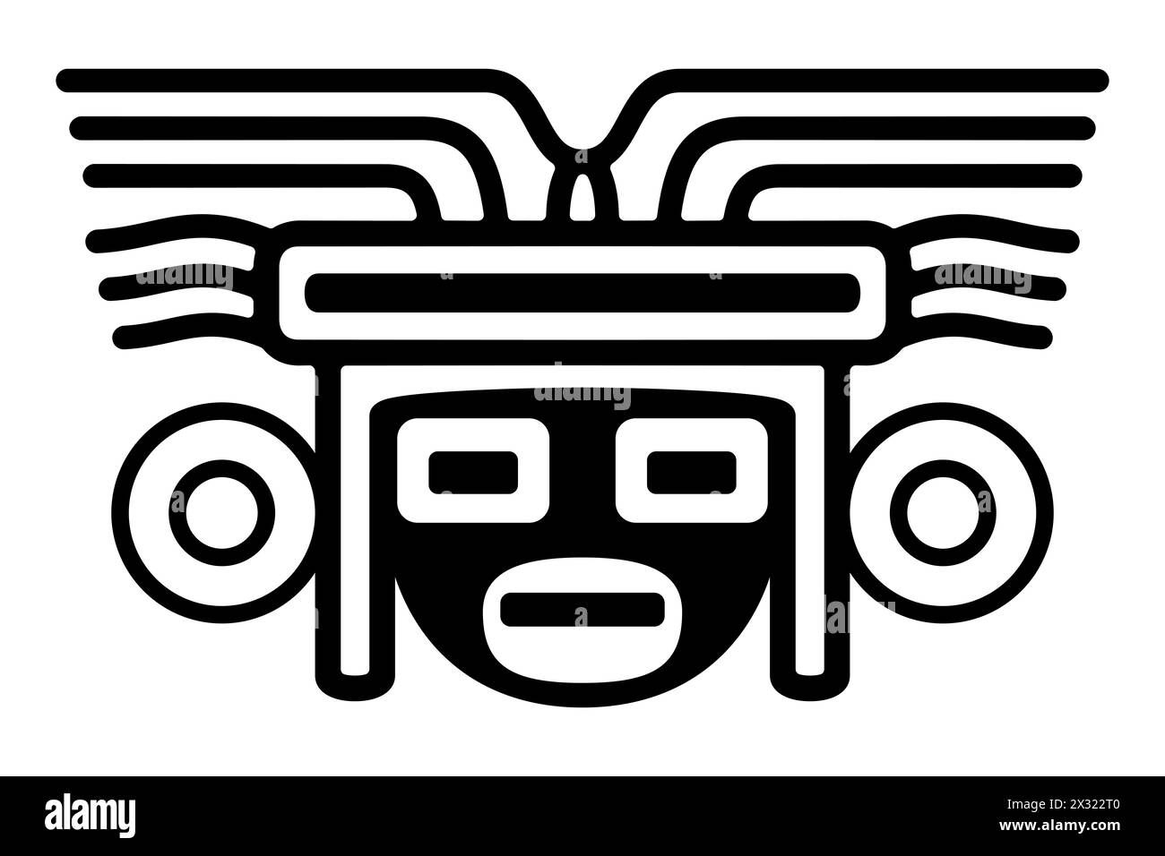 Kopf mit Maske großer Kopfschmuck, ein altes mexikanisches Motiv. Präkolumbisches, aztekisches flaches Tonstempelmotiv, gefunden in Tenochtitlan, dem Zentrum von Mexiko-Stadt. Stockfoto