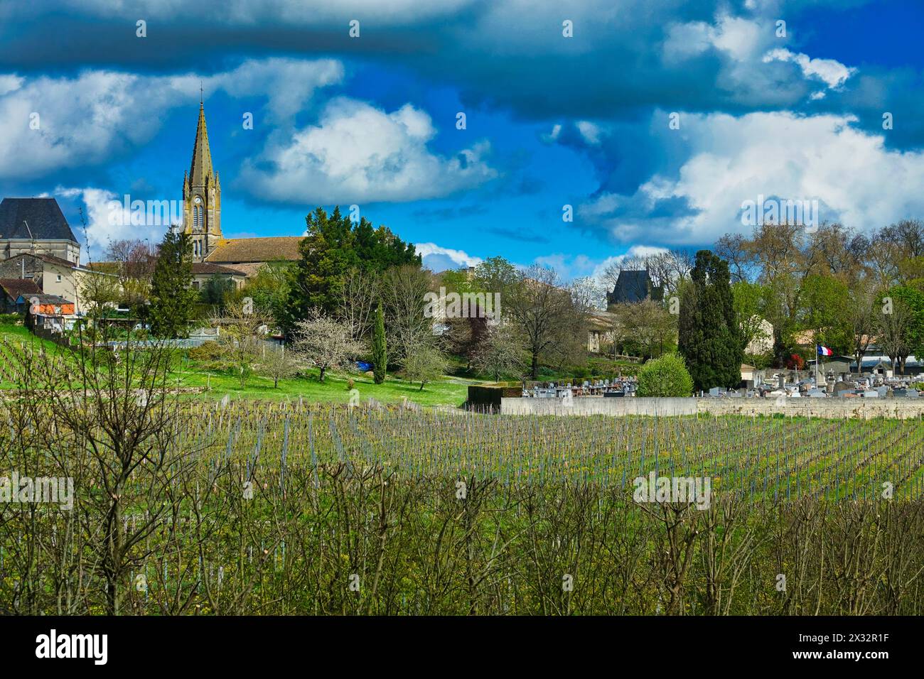 Dorf Lussac Frankreich Blick über den Weinberg mit blauem Himmel und Wolken Stockfoto