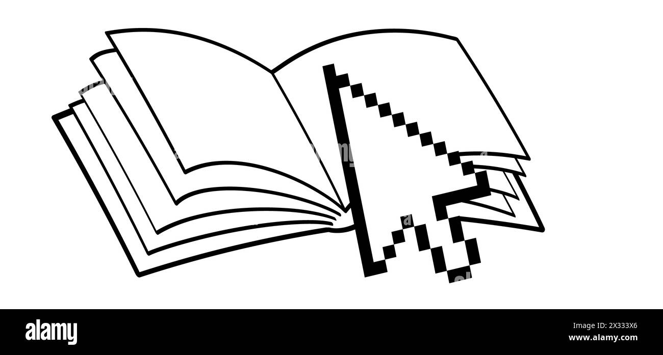 Zeichentrickbücher oder E-Books. Öffnen Sie Buch und Seiten mit der Maus. Download für eReader. Linienzeichnung. Zeichen für geöffnete Bücher. Logo des digitalen Buchladens. Fliegende p Stockfoto