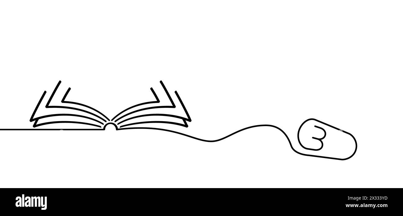 Zeichentrickbücher oder E-Books. Öffnen Sie Buch und Seiten mit der Maus. Download für eReader. Linienzeichnung. Zeichen für geöffnete Bücher. Logo des digitalen Buchladens. Fliegende p Stockfoto