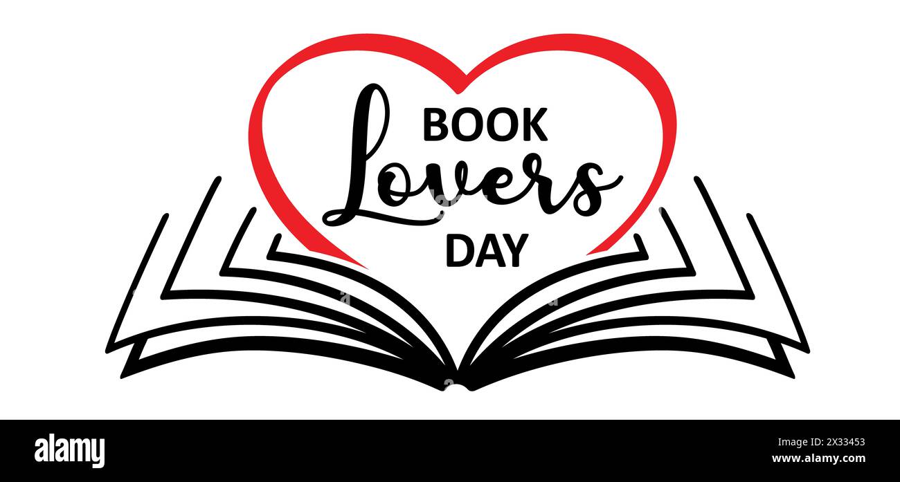 Buchen Sie den Tag der Liebenden. Comic Open Book und Seiten mit Liebesherz. Bildungskonzept. Linienzeichnung. Zeichen für geöffnete Bücher. Logo des Buchladens. Fliegende Seiten. Stockfoto