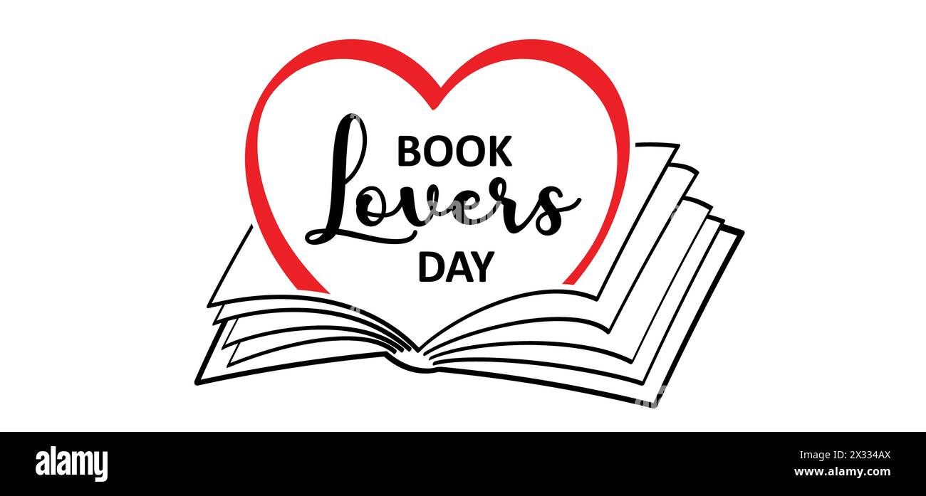 Buchen Sie den Tag der Liebenden. Comic Open Book und Seiten mit Liebesherz. Bildungskonzept. Linienzeichnung. Zeichen für geöffnete Bücher. Logo des Buchladens. Fliegende Seiten. Stockfoto