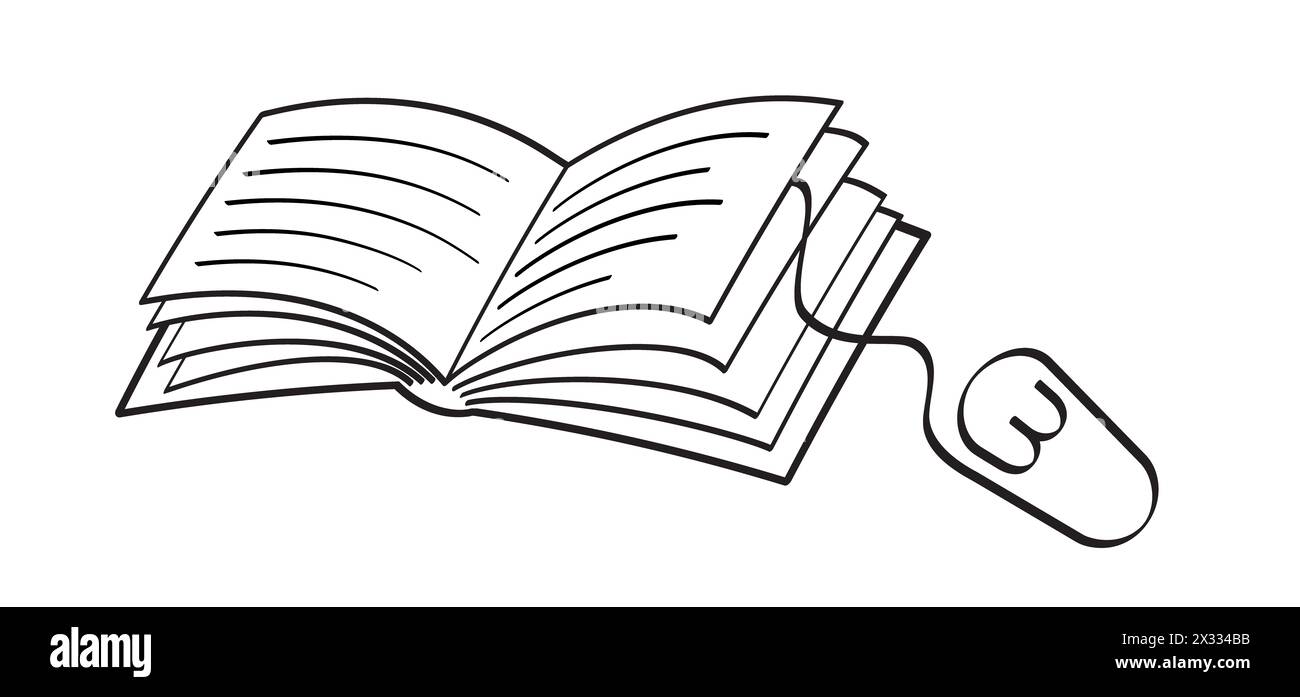 Zeichentrickbücher oder E-Books. Öffnen Sie Buch und Seiten mit der Maus. Download für eReader. Linienzeichnung. Zeichen für geöffnete Bücher. Logo des digitalen Buchladens. Fliegende p Stockfoto