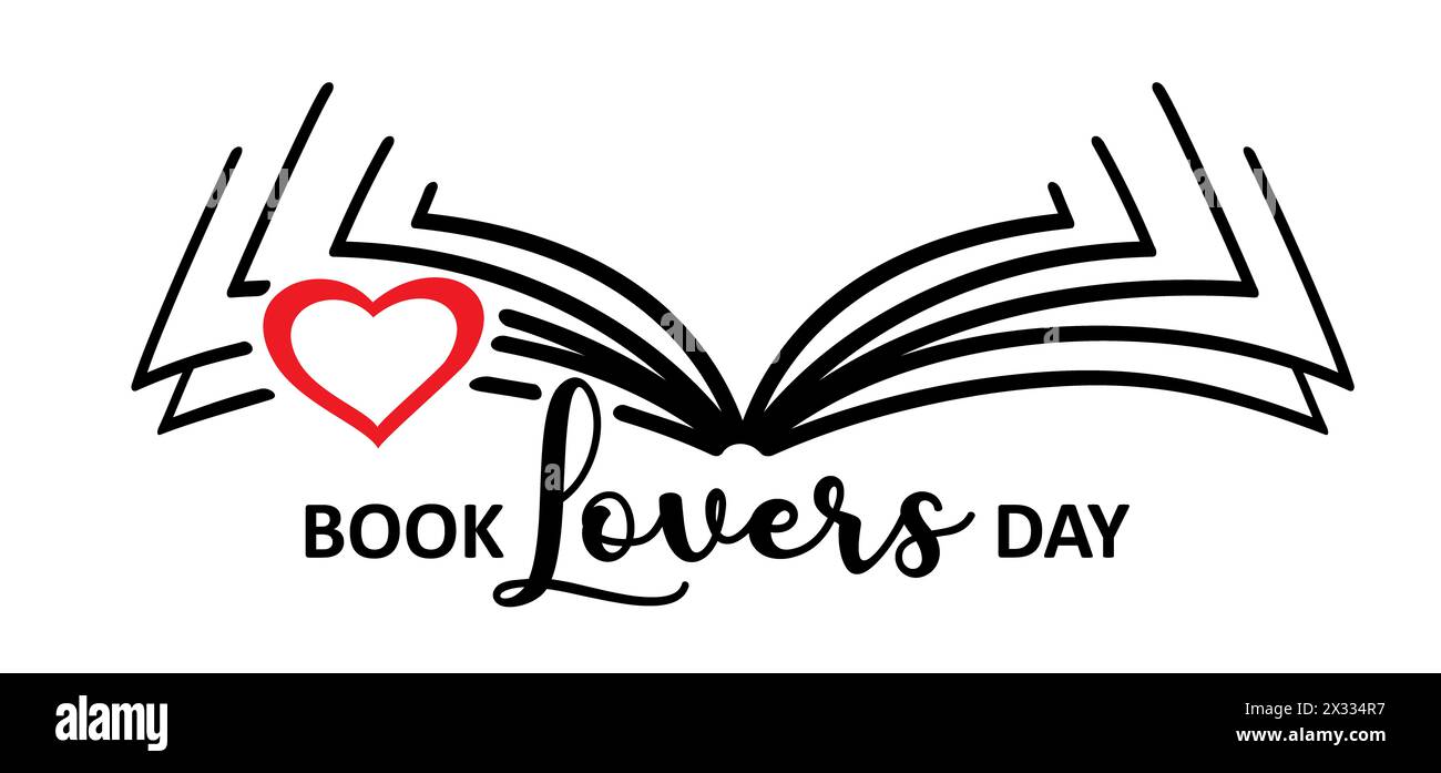 Buchen Sie den Tag der Liebenden. Comic Open Book und Seiten mit Liebesherz. Bildungskonzept. Linienzeichnung. Zeichen für geöffnete Bücher. Logo des Buchladens. Fliegende Seiten. Stockfoto