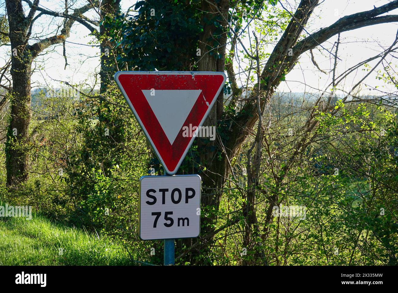 Verkehrsstopp Seufzen im roten Dreieck mit Bäumen dahinter Stockfoto