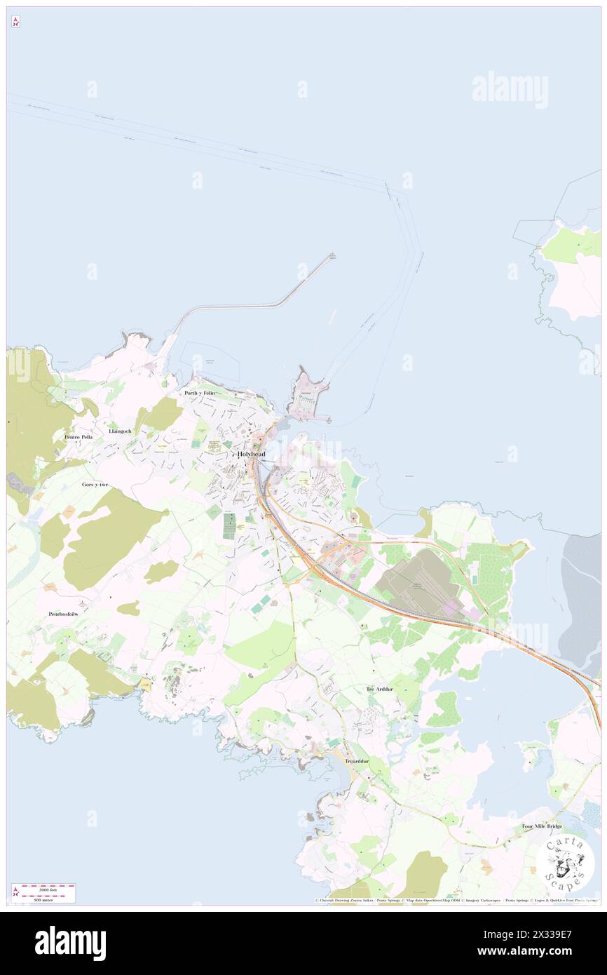 Holyhead, Anglesey, GB, Vereinigtes Königreich, Wales, n 53 18' 37'', S 4 37' 27'', Karte, Cartascapes Map, veröffentlicht 2024. Erkunden Sie Cartascapes, eine Karte, die die vielfältigen Landschaften, Kulturen und Ökosysteme der Erde enthüllt. Reisen Sie durch Zeit und Raum und entdecken Sie die Verflechtungen der Vergangenheit, Gegenwart und Zukunft unseres Planeten. Stockfoto