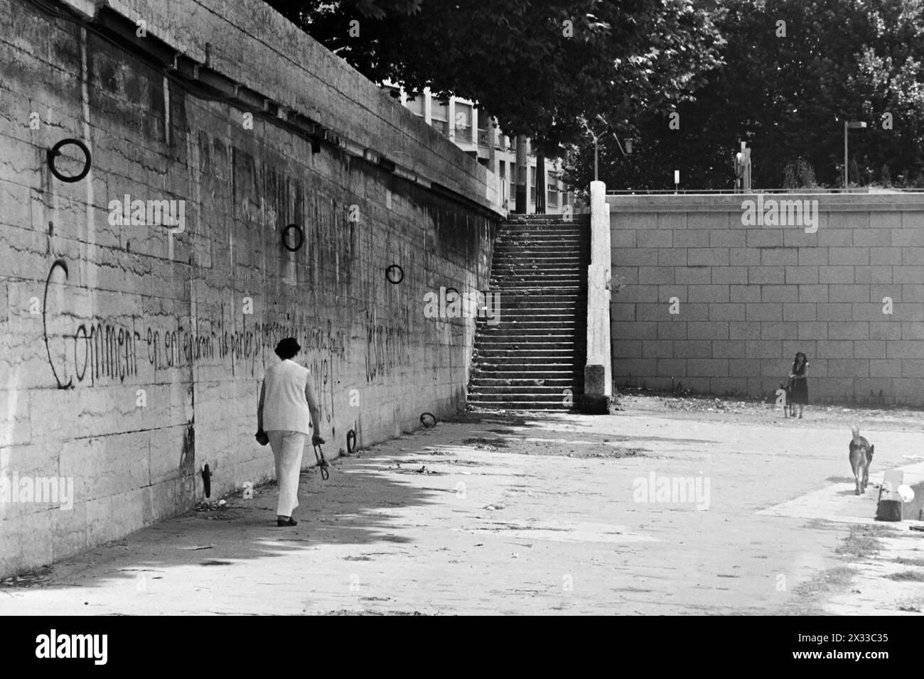 Mann, der mit seinem Hund unterwegs ist, Saint-Vincent Kai, Lyon, Frankreich, Archiv der 80er Jahre Stockfoto