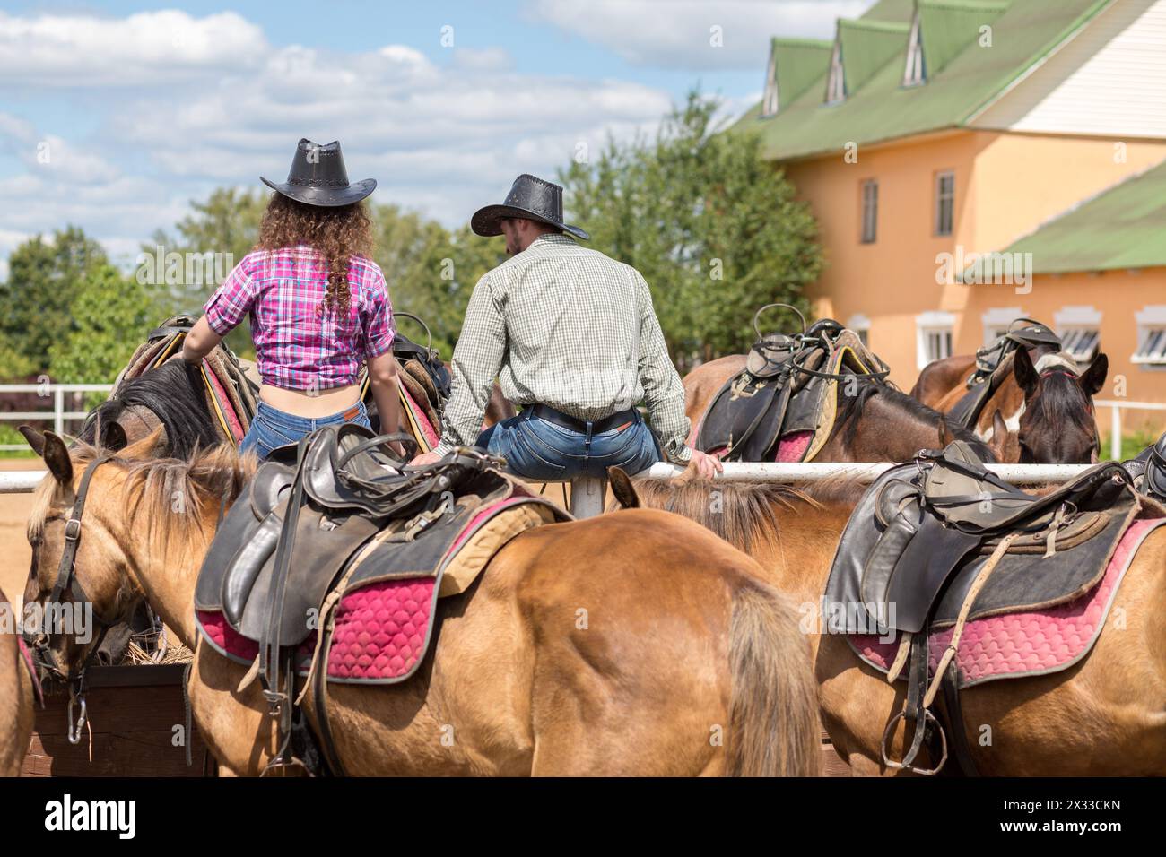 Cowboy-Paar lehnt sich zurück und streichelt Pferde Stockfoto